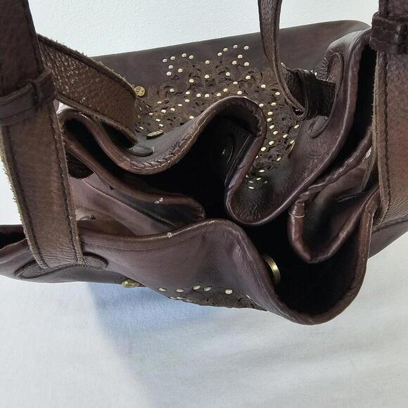 Platania Grained Leather Studded Floral Cut Out Slouch Top Handle Handbag (Read) - Picture 6 of 14